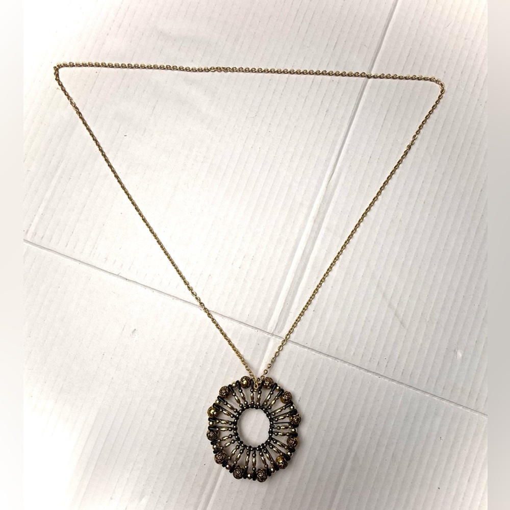 Vintage Black and Gold Tone Pendant Safety Pin Statement Necklace Sunburst Retro